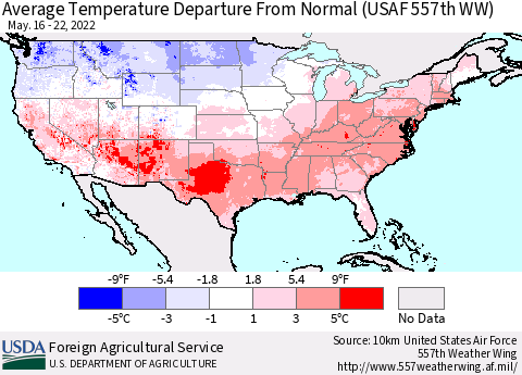 United States Average Temperature Departure from Normal (USAF 557th WW) Thematic Map For 5/16/2022 - 5/22/2022