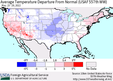 United States Average Temperature Departure from Normal (USAF 557th WW) Thematic Map For 5/23/2022 - 5/29/2022