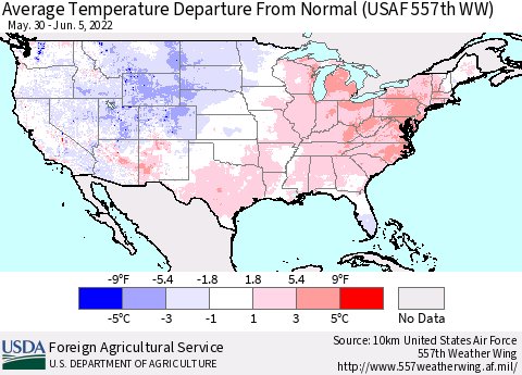 United States Average Temperature Departure from Normal (USAF 557th WW) Thematic Map For 5/30/2022 - 6/5/2022