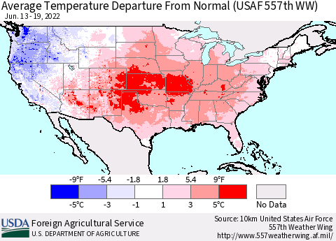 United States Average Temperature Departure from Normal (USAF 557th WW) Thematic Map For 6/13/2022 - 6/19/2022
