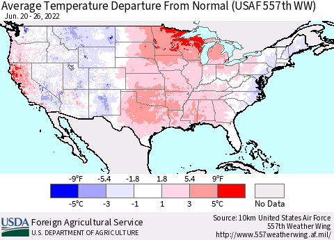 United States Average Temperature Departure from Normal (USAF 557th WW) Thematic Map For 6/20/2022 - 6/26/2022