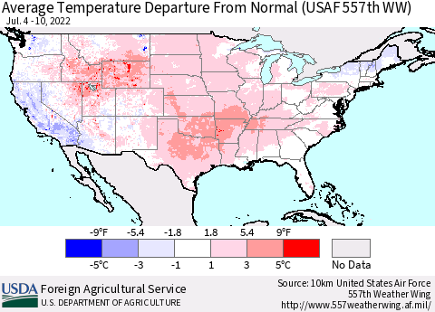 United States Average Temperature Departure from Normal (USAF 557th WW) Thematic Map For 7/4/2022 - 7/10/2022