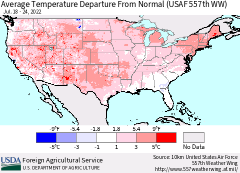 United States Average Temperature Departure from Normal (USAF 557th WW) Thematic Map For 7/18/2022 - 7/24/2022