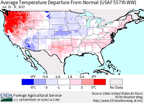 United States Average Temperature Departure from Normal (USAF 557th WW) Thematic Map For 7/25/2022 - 7/31/2022