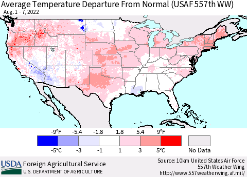 United States Average Temperature Departure from Normal (USAF 557th WW) Thematic Map For 8/1/2022 - 8/7/2022