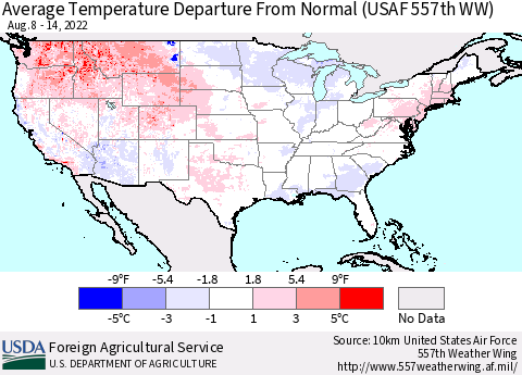 United States Average Temperature Departure from Normal (USAF 557th WW) Thematic Map For 8/8/2022 - 8/14/2022