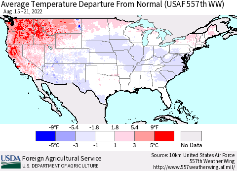 United States Average Temperature Departure from Normal (USAF 557th WW) Thematic Map For 8/15/2022 - 8/21/2022