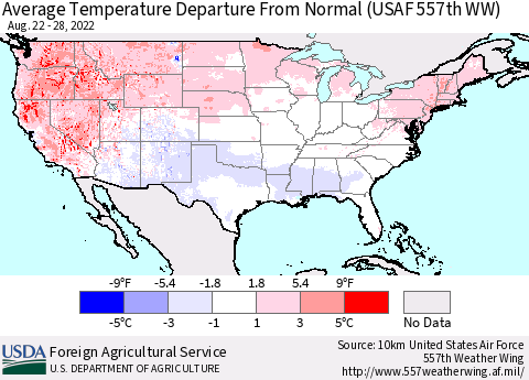 United States Average Temperature Departure from Normal (USAF 557th WW) Thematic Map For 8/22/2022 - 8/28/2022
