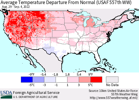 United States Average Temperature Departure from Normal (USAF 557th WW) Thematic Map For 8/29/2022 - 9/4/2022