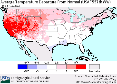 United States Average Temperature Departure from Normal (USAF 557th WW) Thematic Map For 9/5/2022 - 9/11/2022