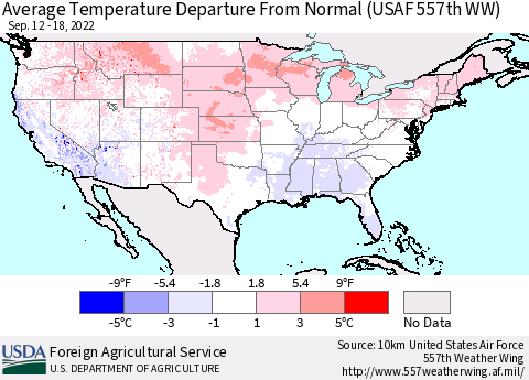 United States Average Temperature Departure from Normal (USAF 557th WW) Thematic Map For 9/12/2022 - 9/18/2022