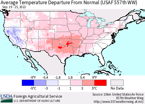 United States Average Temperature Departure from Normal (USAF 557th WW) Thematic Map For 9/19/2022 - 9/25/2022