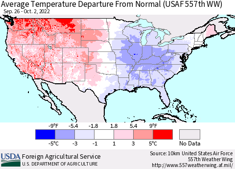 United States Average Temperature Departure from Normal (USAF 557th WW) Thematic Map For 9/26/2022 - 10/2/2022