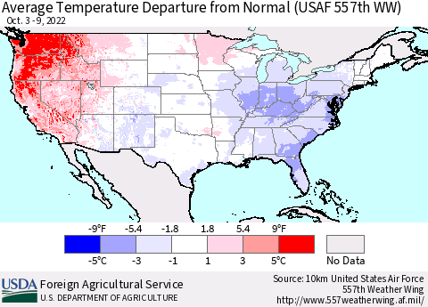 United States Average Temperature Departure from Normal (USAF 557th WW) Thematic Map For 10/3/2022 - 10/9/2022