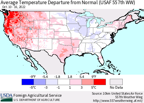 United States Average Temperature Departure from Normal (USAF 557th WW) Thematic Map For 10/10/2022 - 10/16/2022