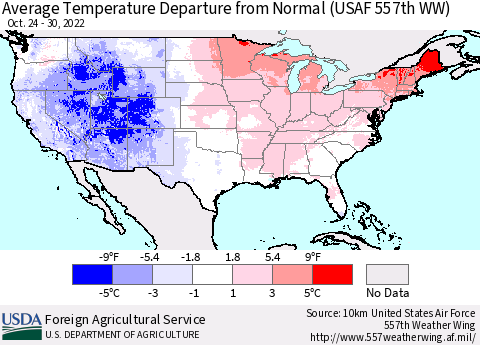 United States Average Temperature Departure from Normal (USAF 557th WW) Thematic Map For 10/24/2022 - 10/30/2022