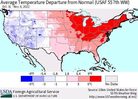 United States Average Temperature Departure from Normal (USAF 557th WW) Thematic Map For 10/31/2022 - 11/6/2022