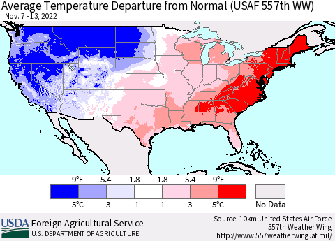 United States Average Temperature Departure from Normal (USAF 557th WW) Thematic Map For 11/7/2022 - 11/13/2022
