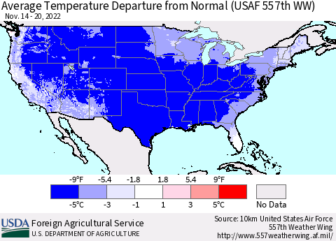 United States Average Temperature Departure from Normal (USAF 557th WW) Thematic Map For 11/14/2022 - 11/20/2022