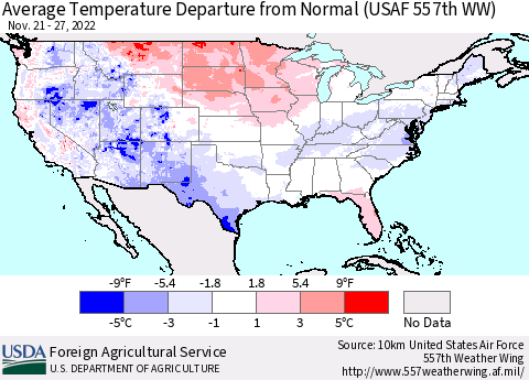 United States Average Temperature Departure from Normal (USAF 557th WW) Thematic Map For 11/21/2022 - 11/27/2022