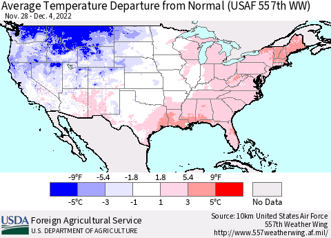 United States Average Temperature Departure from Normal (USAF 557th WW) Thematic Map For 11/28/2022 - 12/4/2022