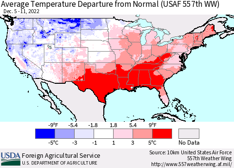 United States Average Temperature Departure from Normal (USAF 557th WW) Thematic Map For 12/5/2022 - 12/11/2022