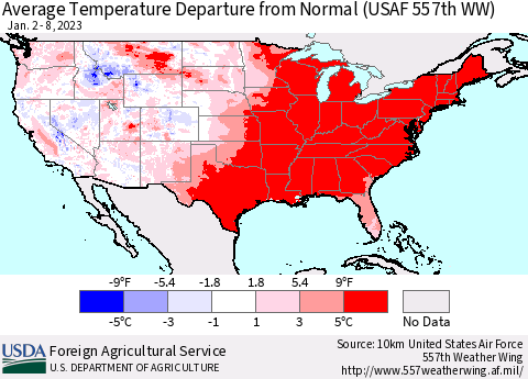 United States Average Temperature Departure from Normal (USAF 557th WW) Thematic Map For 1/2/2023 - 1/8/2023