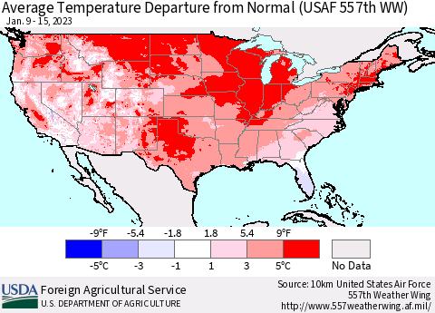 United States Average Temperature Departure from Normal (USAF 557th WW) Thematic Map For 1/9/2023 - 1/15/2023
