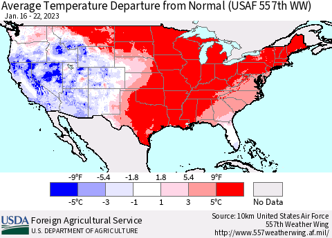 United States Average Temperature Departure from Normal (USAF 557th WW) Thematic Map For 1/16/2023 - 1/22/2023