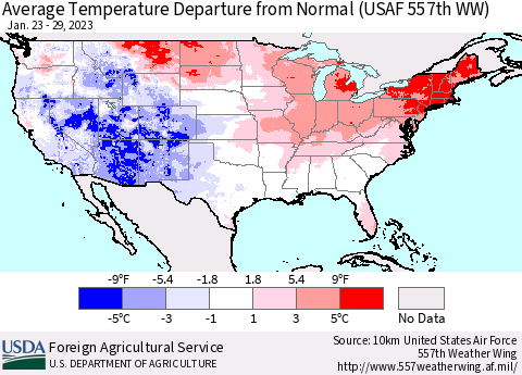 United States Average Temperature Departure from Normal (USAF 557th WW) Thematic Map For 1/23/2023 - 1/29/2023