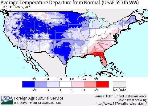 United States Average Temperature Departure from Normal (USAF 557th WW) Thematic Map For 1/30/2023 - 2/5/2023