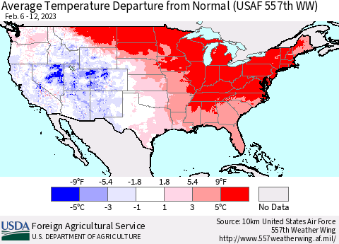 United States Average Temperature Departure from Normal (USAF 557th WW) Thematic Map For 2/6/2023 - 2/12/2023