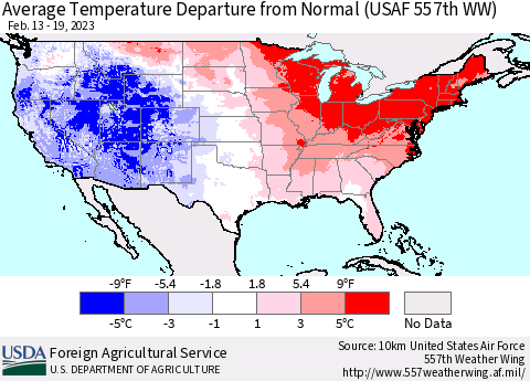 United States Average Temperature Departure from Normal (USAF 557th WW) Thematic Map For 2/13/2023 - 2/19/2023