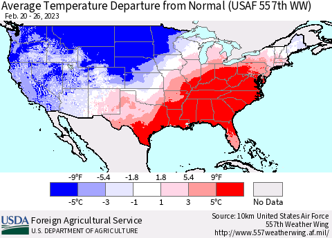 United States Average Temperature Departure from Normal (USAF 557th WW) Thematic Map For 2/20/2023 - 2/26/2023