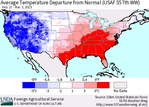 United States Average Temperature Departure from Normal (USAF 557th WW) Thematic Map For 2/27/2023 - 3/5/2023