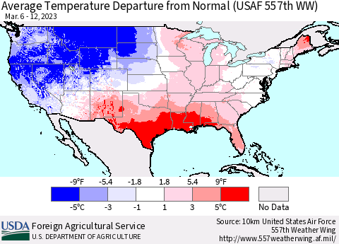 United States Average Temperature Departure from Normal (USAF 557th WW) Thematic Map For 3/6/2023 - 3/12/2023