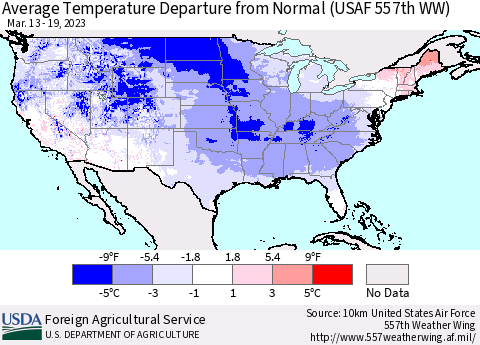 United States Average Temperature Departure from Normal (USAF 557th WW) Thematic Map For 3/13/2023 - 3/19/2023