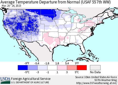 United States Average Temperature Departure from Normal (USAF 557th WW) Thematic Map For 3/20/2023 - 3/26/2023