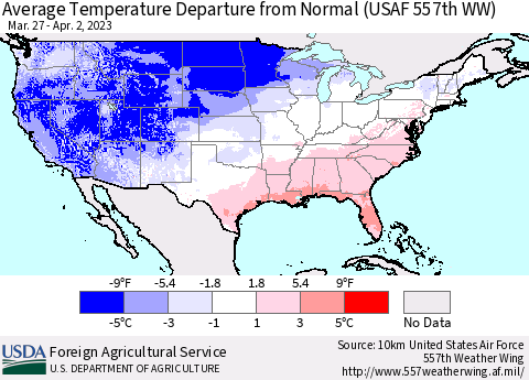 United States Average Temperature Departure from Normal (USAF 557th WW) Thematic Map For 3/27/2023 - 4/2/2023