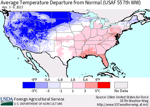 United States Average Temperature Departure from Normal (USAF 557th WW) Thematic Map For 4/3/2023 - 4/9/2023