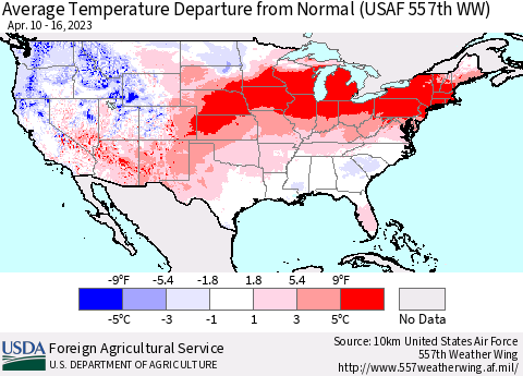United States Average Temperature Departure from Normal (USAF 557th WW) Thematic Map For 4/10/2023 - 4/16/2023