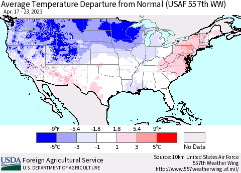 United States Average Temperature Departure from Normal (USAF 557th WW) Thematic Map For 4/17/2023 - 4/23/2023