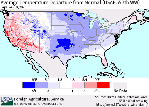 United States Average Temperature Departure from Normal (USAF 557th WW) Thematic Map For 4/24/2023 - 4/30/2023