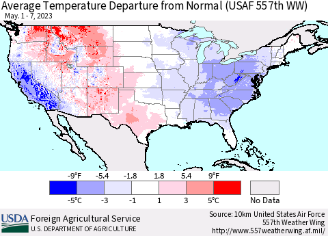 United States Average Temperature Departure from Normal (USAF 557th WW) Thematic Map For 5/1/2023 - 5/7/2023