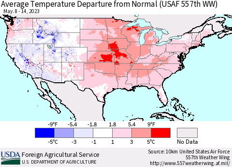 United States Average Temperature Departure from Normal (USAF 557th WW) Thematic Map For 5/8/2023 - 5/14/2023