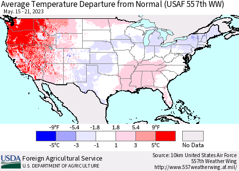 United States Average Temperature Departure from Normal (USAF 557th WW) Thematic Map For 5/15/2023 - 5/21/2023
