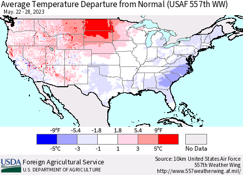 United States Average Temperature Departure from Normal (USAF 557th WW) Thematic Map For 5/22/2023 - 5/28/2023