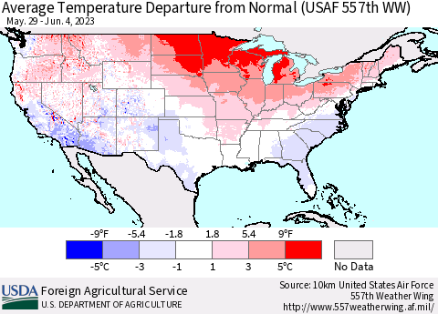 United States Average Temperature Departure from Normal (USAF 557th WW) Thematic Map For 5/29/2023 - 6/4/2023