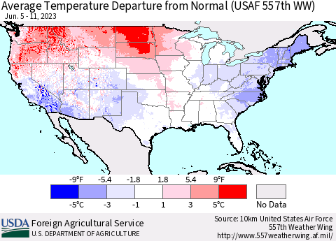 United States Average Temperature Departure from Normal (USAF 557th WW) Thematic Map For 6/5/2023 - 6/11/2023