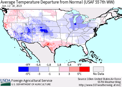 United States Average Temperature Departure from Normal (USAF 557th WW) Thematic Map For 6/12/2023 - 6/18/2023